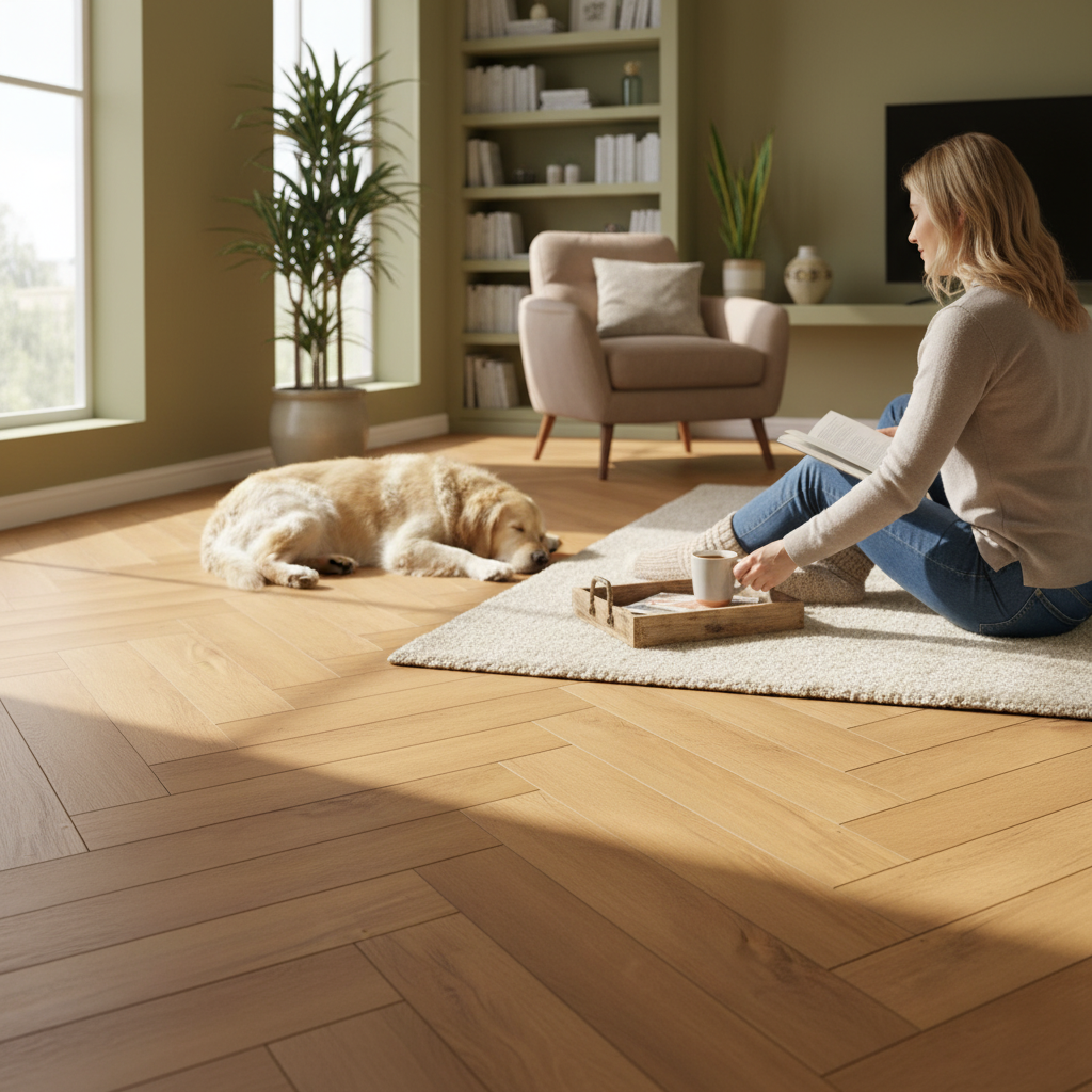 Premium 12mm Laminate Herringbone Flooring with Cork Underlay - Warm Harvest Oak Finish