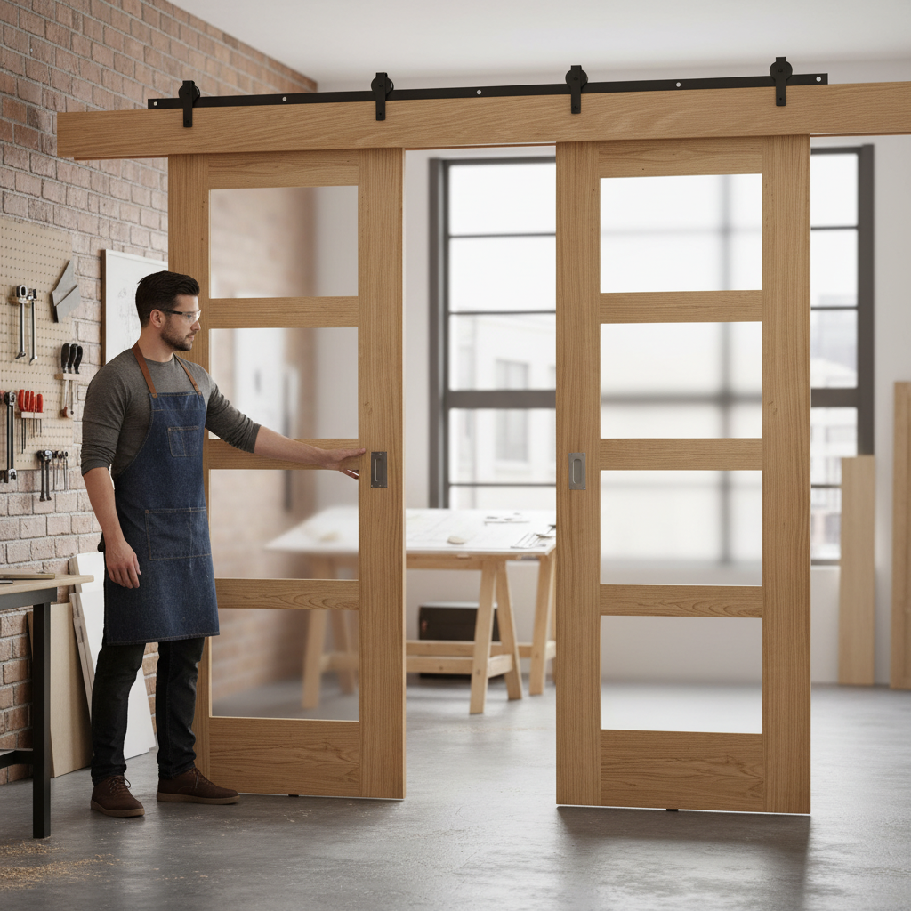 Premium Double Sliding Door System with Obscure Glazed Oak Doors and Heavy Duty Track for Smooth Operation