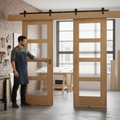 Premium Double Sliding Door System with Obscure Glazed Oak Doors and Heavy Duty Track for Smooth Operation