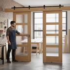 Premium Double Sliding Door System with Obscure Glazed Oak Doors and Heavy Duty Track for Smooth Operation