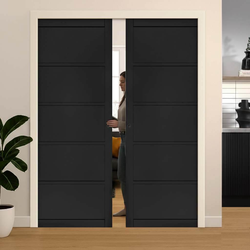 Premium 5 Panel Double Pocket Door Set - Industrial Style, Galvanised Steel Frame, Maintenance-Free Track System
