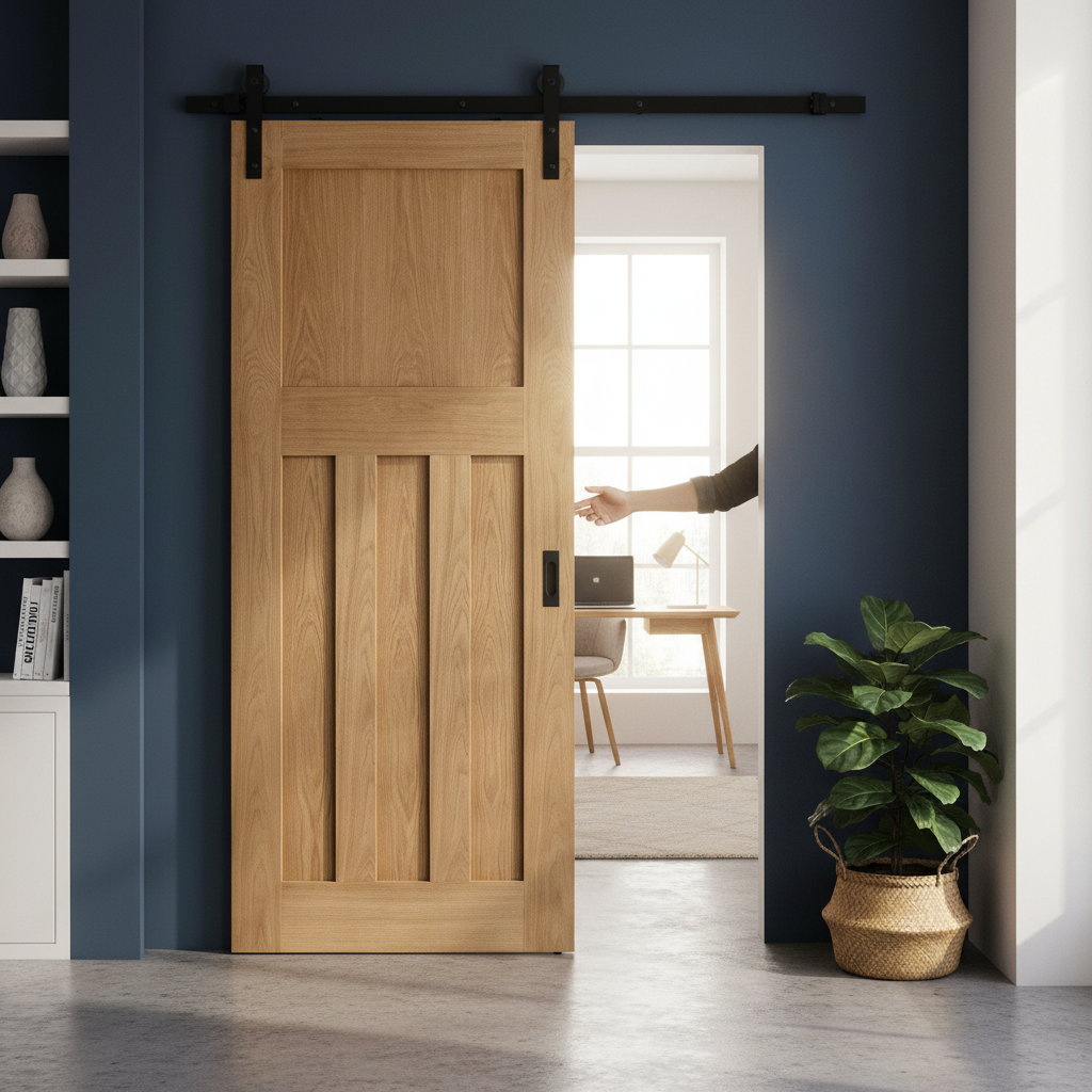 Premium Unfinished Oak Internal 1930's DX 4 Panel Sliding Door with Black Steel Track