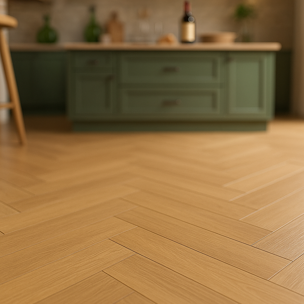 12mm Herringbone Laminate Flooring in Pale Amberwood Oak Finish - detail view