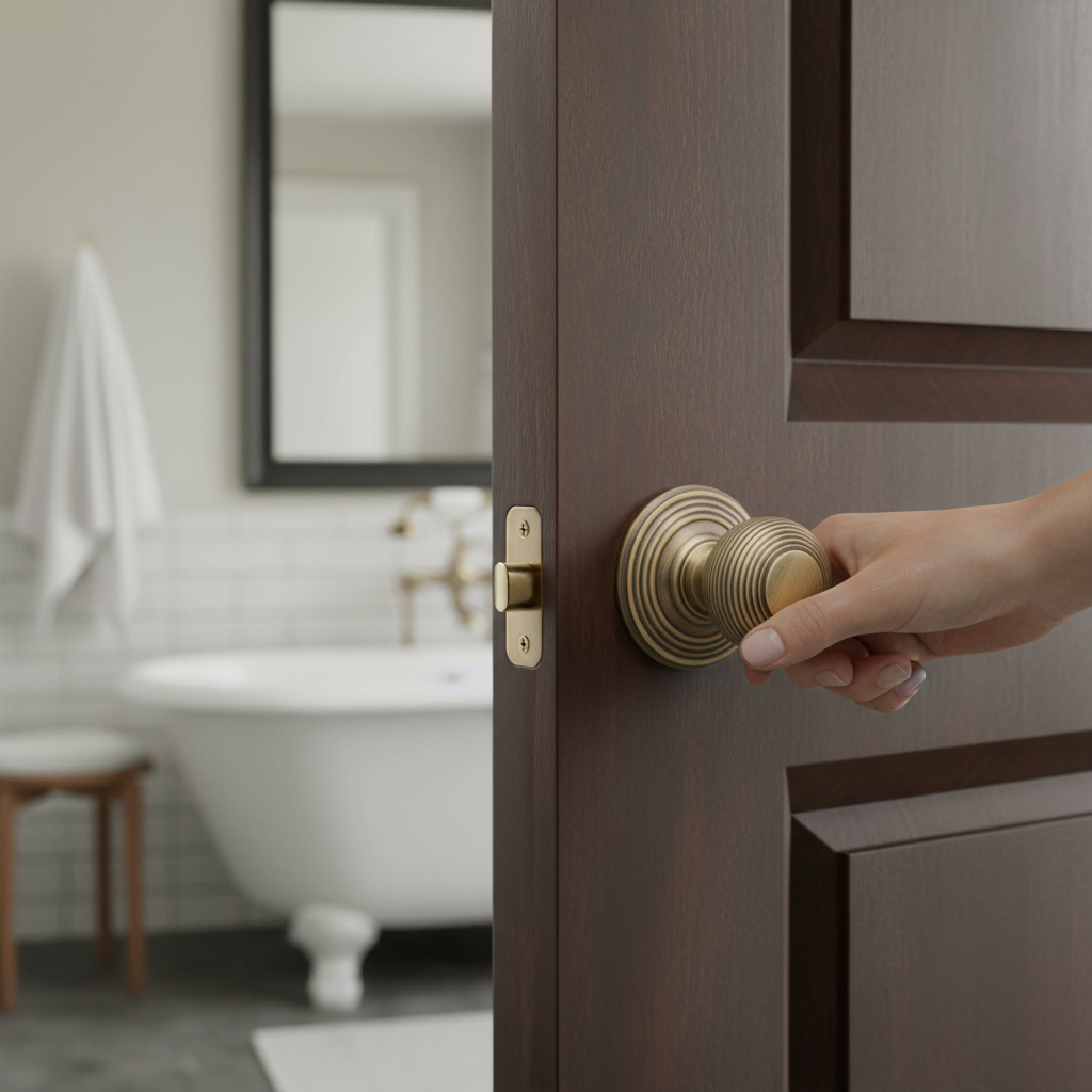Premium Round Reeded Mortice Bathroom Door Knob Set with Antique Brass Finish, 10-Year Guarantee, and Full Installation Kit - Image 2