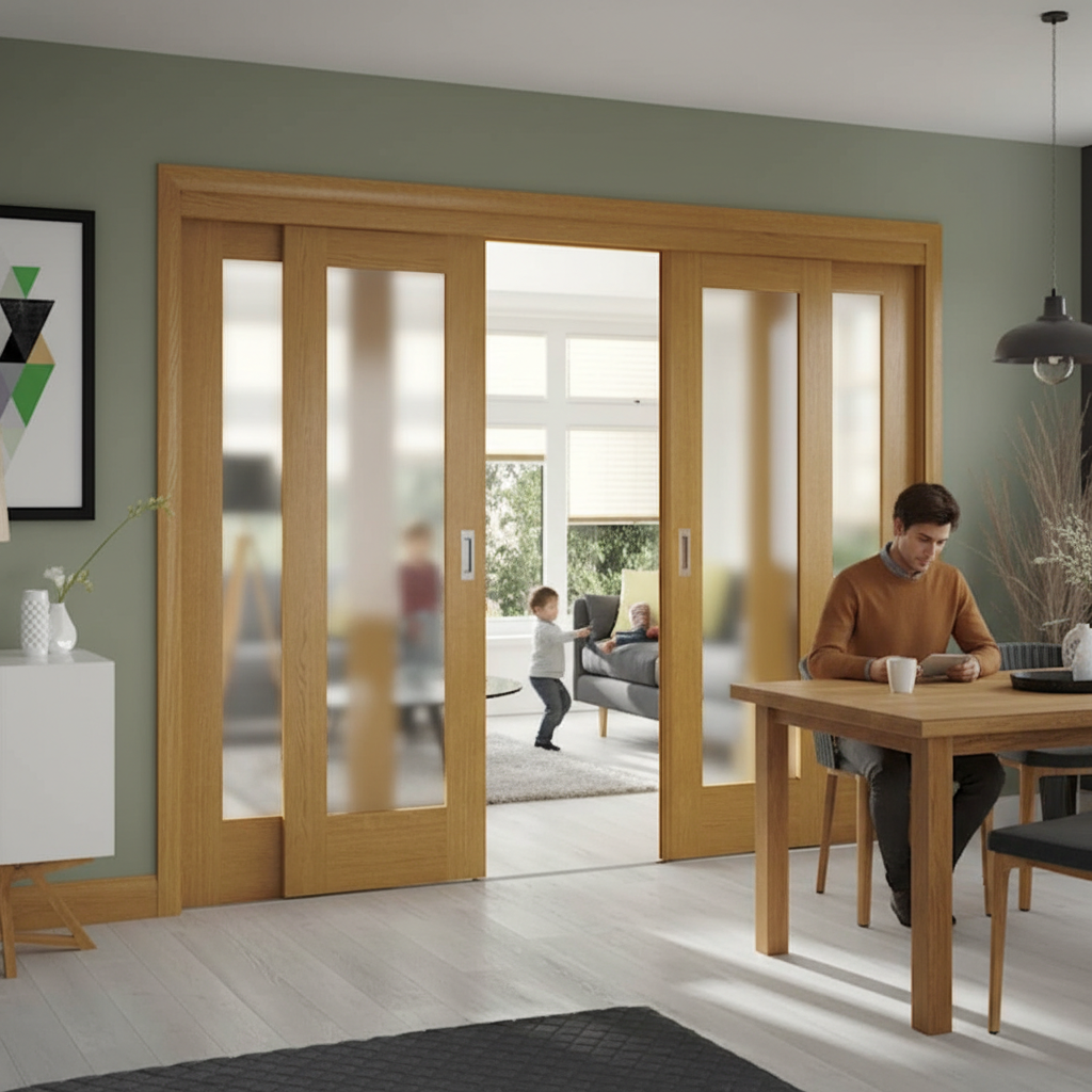 Professional Sliding French Doors with Pattern 10 Obscure Glazed Panels and Fixed End Panels, Space-Saving Design