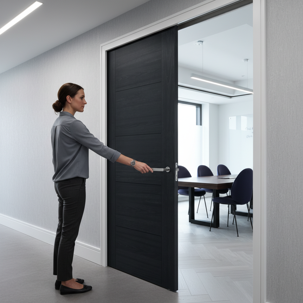 Premium Telescopic Pocket Door System in Charcoal Black with Wooden Jambs and Smooth Operation Features