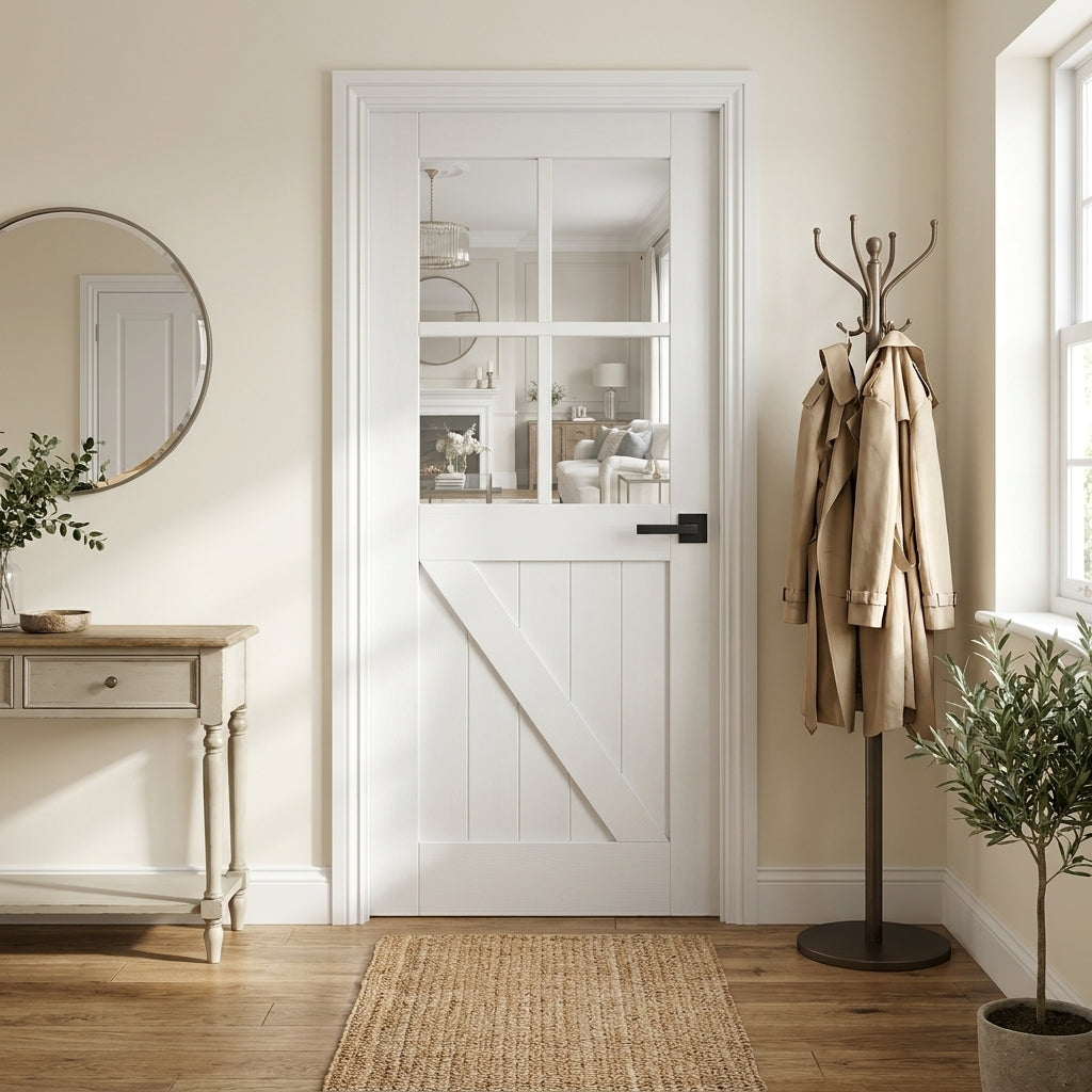 Internal White Barn Door with 4 Light Clear Glass - Primed Finish