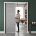 Premium Light Grey Double Pocket Door Set with Galvanised Steel Frame and Custom Size Options