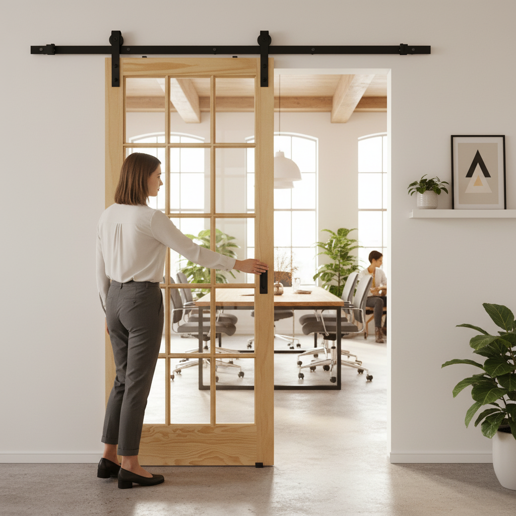 Premium Clear Glass Sliding Door with Unfinished Clear Pine Frame and Black Top Mounted System for Elegant Home Design