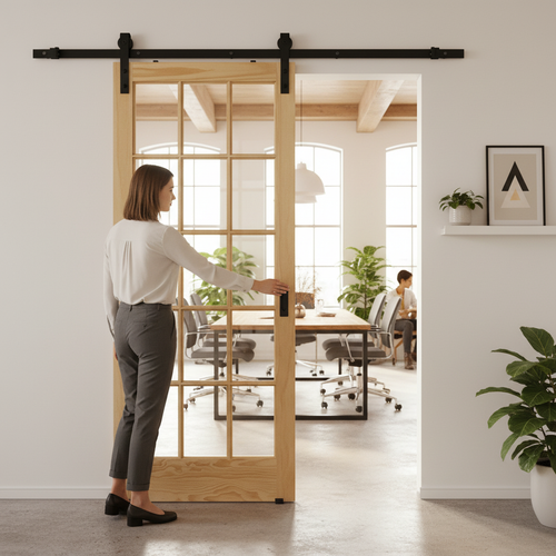 Premium Clear Glass Sliding Door with Unfinished Clear Pine Frame and Black Top Mounted System for Elegant Home Design