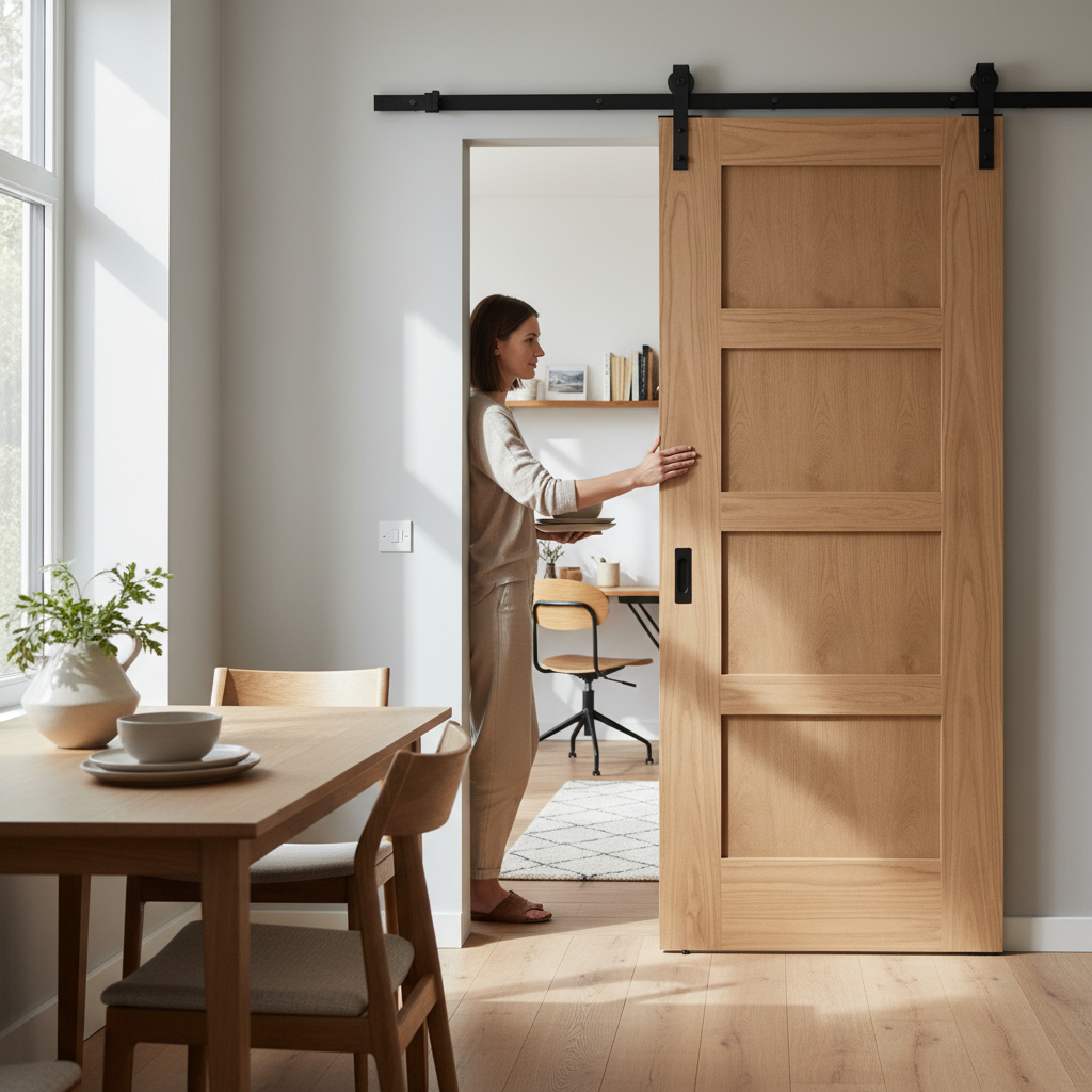 Premium Unfinished Oak Internal Sliding Door with 4 Panels and Black Steel Track for Elegant Home Design - Image 2
