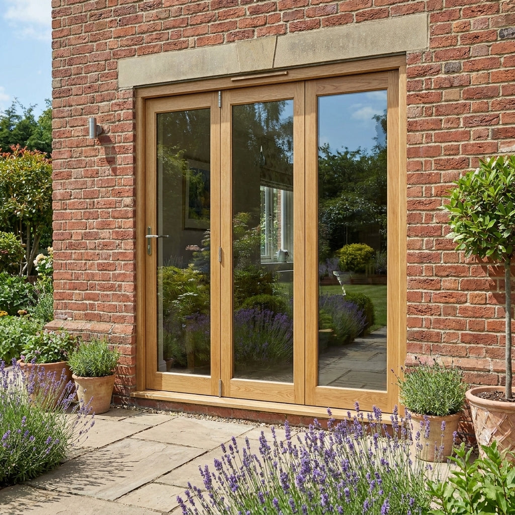External Folding Patio Door Set Oak Fully Finished 3+0 with Toughened Glass