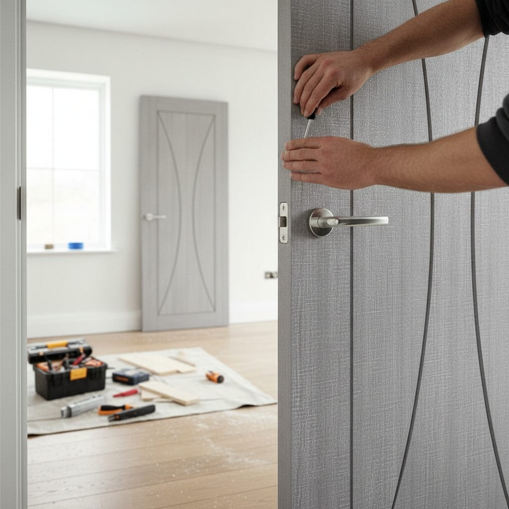 Premium Grey Interior Door with Solid Core, Real Ash Veneer, and Prefinished Surface - 10 Year Warranty