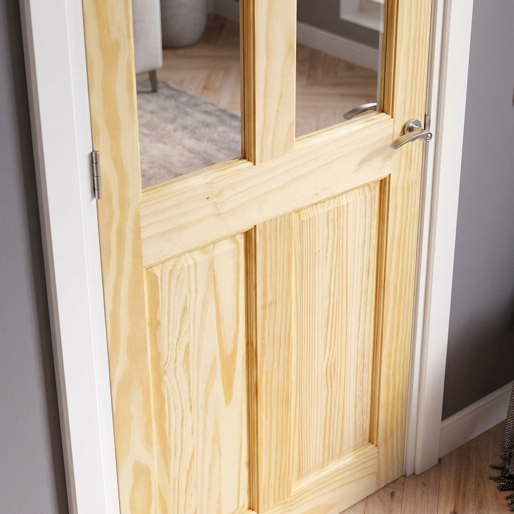 Internal Clear Pine Door Unfinished with 2 Panels and 2 Light Clear Glass - detail view