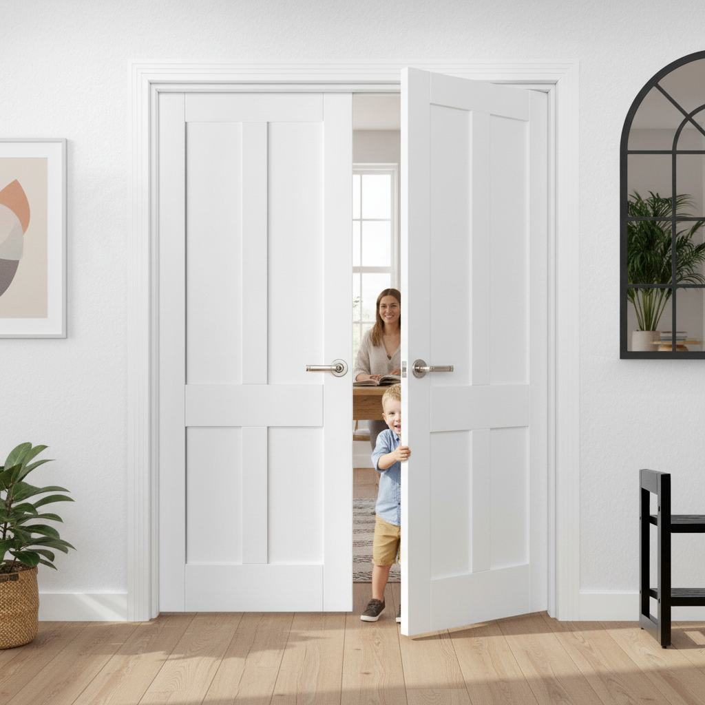 Premium Internal White Primed Victorian Shaker 4 Panel Door Pair for Elegant Interior Design - Image 2
