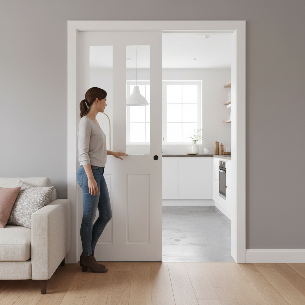 Premium White Glazed Flush Pocket Door Set with Toughened Glass and Space-Saving Design