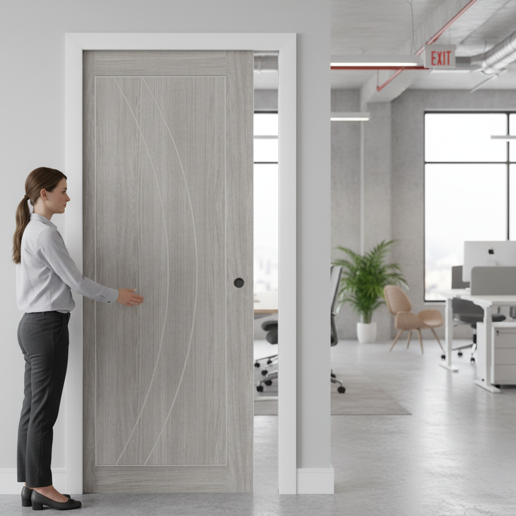 Premium White Grey Laminate Fire Pocket Door Set with Curved Grooves and Steel Frame for Modern Home Design