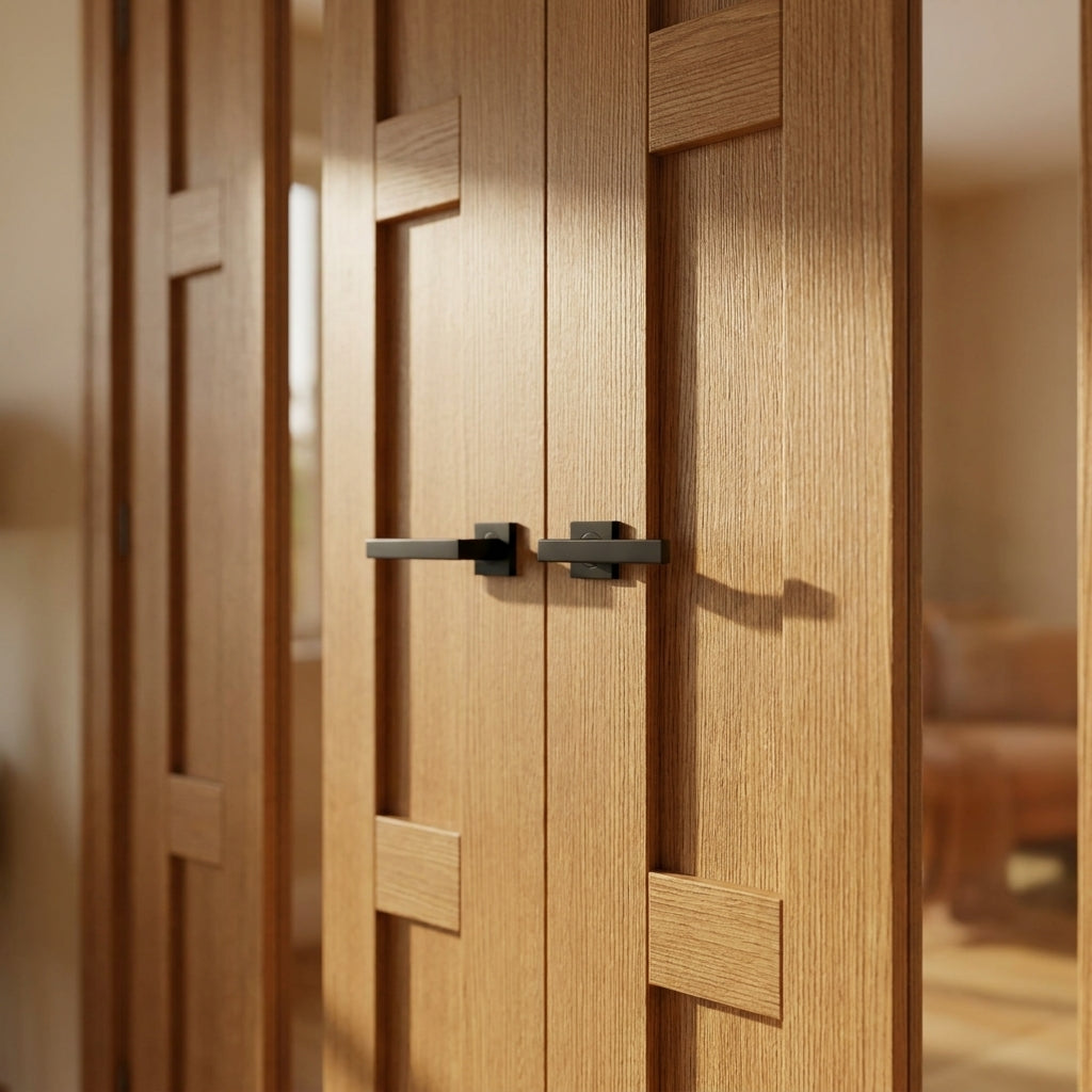 Internal Oak French Door Fully Finished 4 Panel 1 Light Glazed - detail view