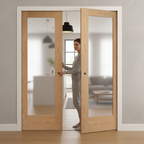 Premium Obscure Glazed Double Pocket Door Set with Oak Finish and Galvanised Steel Frame for Maximum Durability