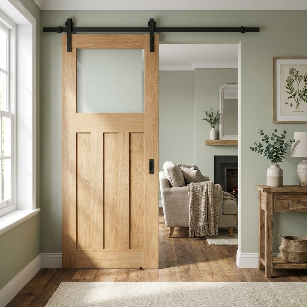 Internal Oak Sliding Door Unfinished 1930's 3 Panel with 1 Light Obscure Glass