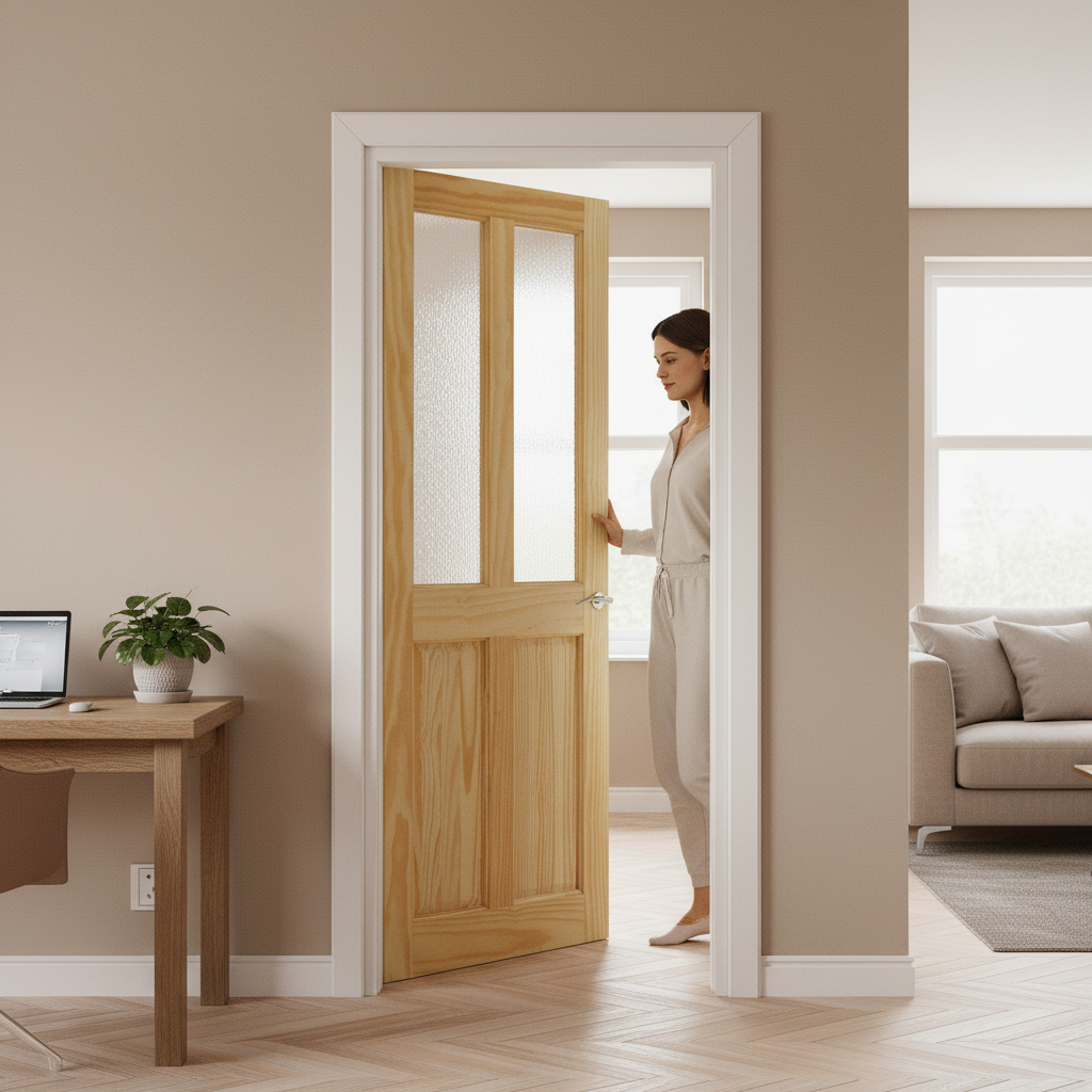 Unfinished Clear Pine Internal Door with Two Light Panels and Obscure Glass for Interior Privacy - Image 2