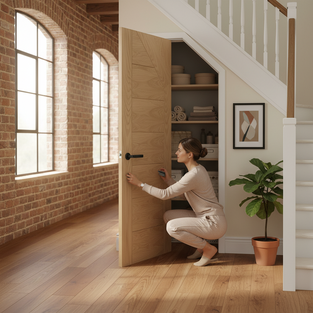 Premium Angled Under-Stair Made-to-Measure Cupboard FD30 Fire Door in Oak - Stylish and Safe Solution for Home Storage