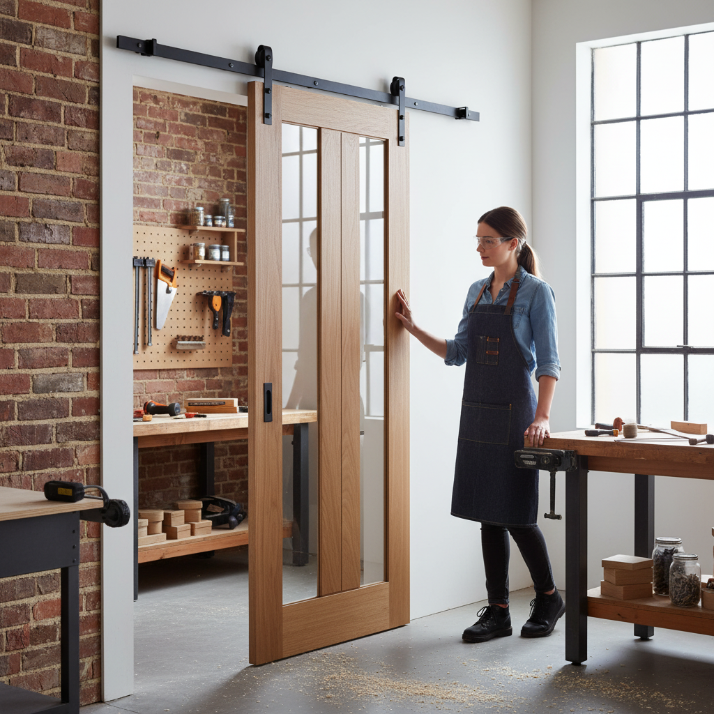 Premium Fully Finished Oak Sliding Door with Clear Offset Glass and Modern Black Steel Track for Elegant Home Interiors
