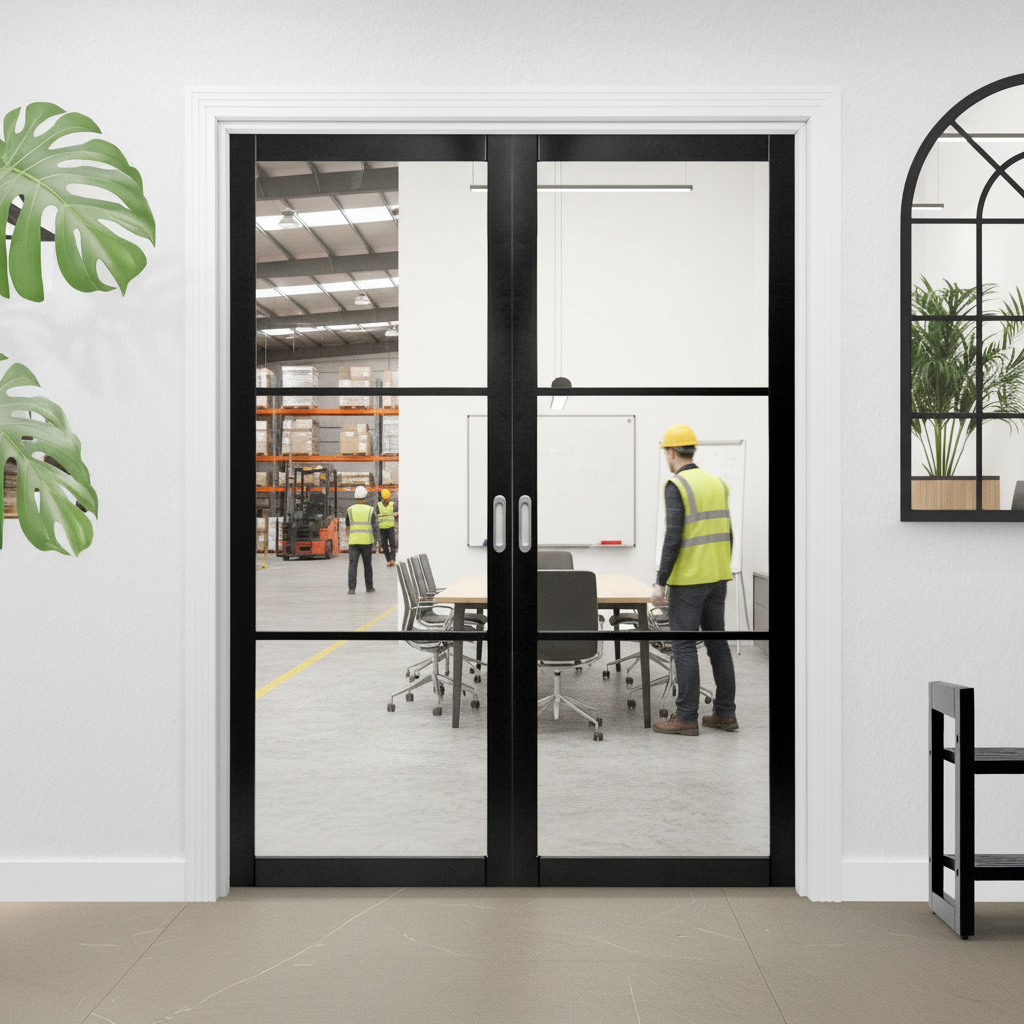 Premium Internal Primed Industrial 2.0 Lifestyle Clear Glass Door Pair with Three Panels and Robust 35mm Thickness for Modern Spaces - Image 2