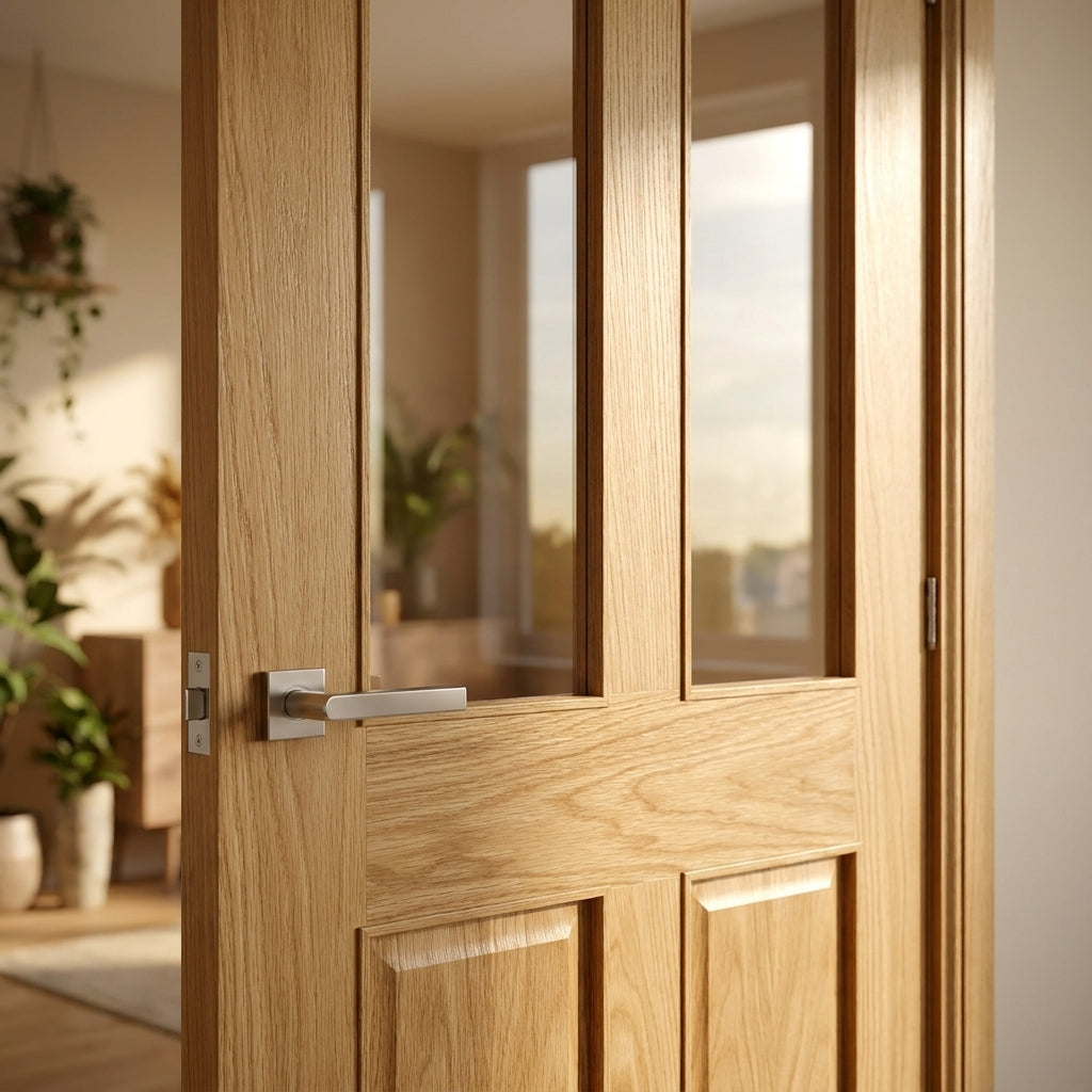 Internal Made-to-Measure Oak Victorian Shaker Door, Unfinished, 2 Panel, 2 Light Obscure Glass - detail view
