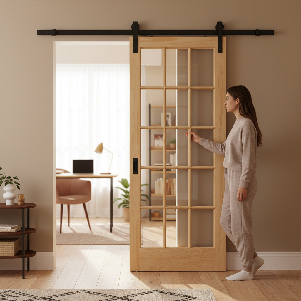 Internal Clear Pine Unfinished Sliding Door Set with 15 Clear Glass Panes for Space-Saving Design - Image 2