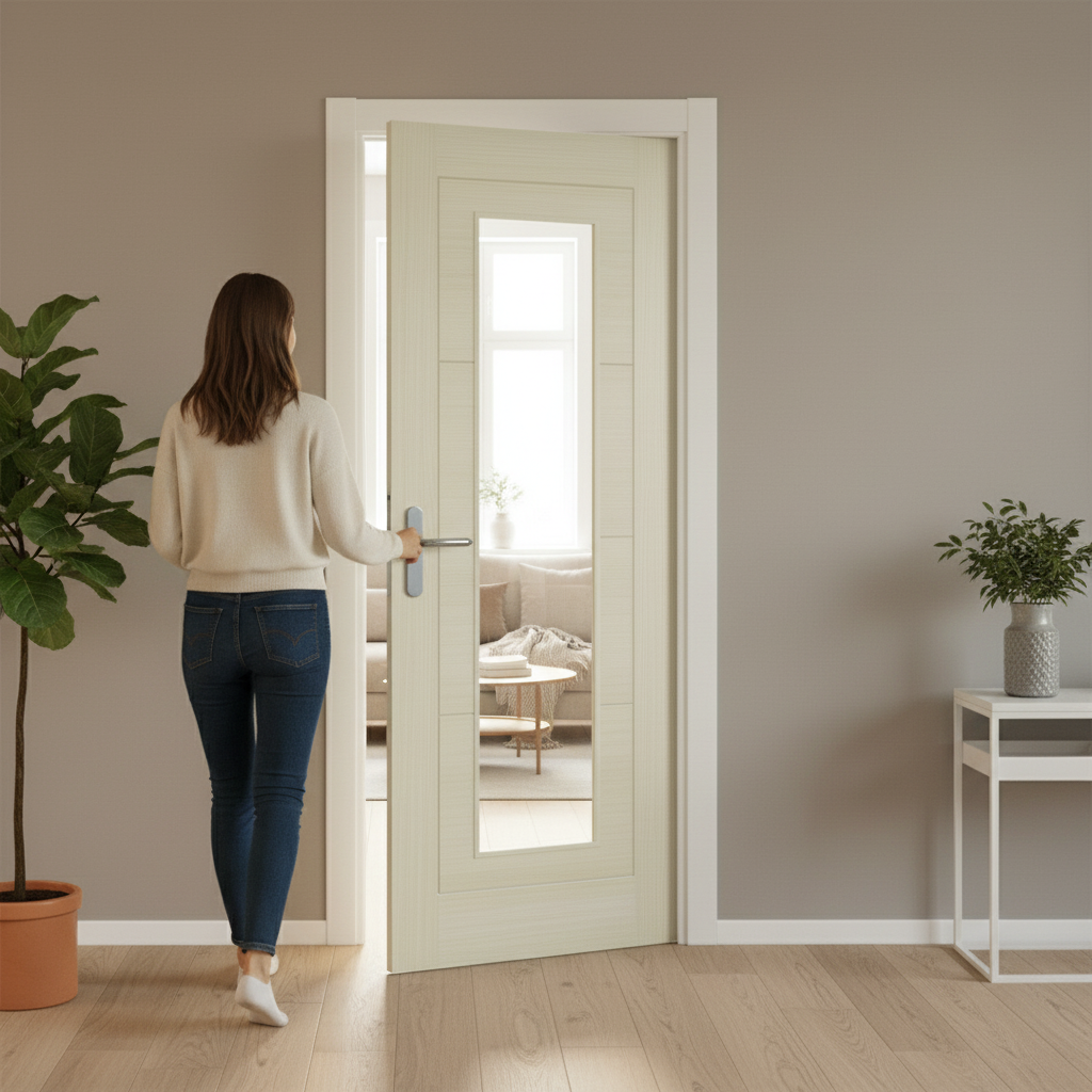 Premium Fully Finished Laminate Ladder Clear Glass Door with Blonde Oak Finish for Contemporary Elegance and Natural Light Enhancement - Image 2