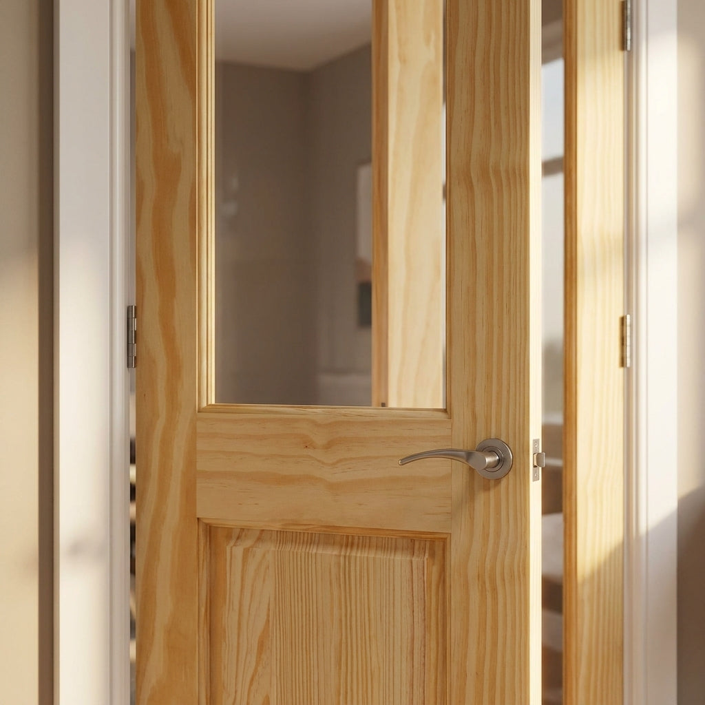 Internal Clear Pine Door Unfinished with 2 Panel 2 Light Obscure Glass - detail view