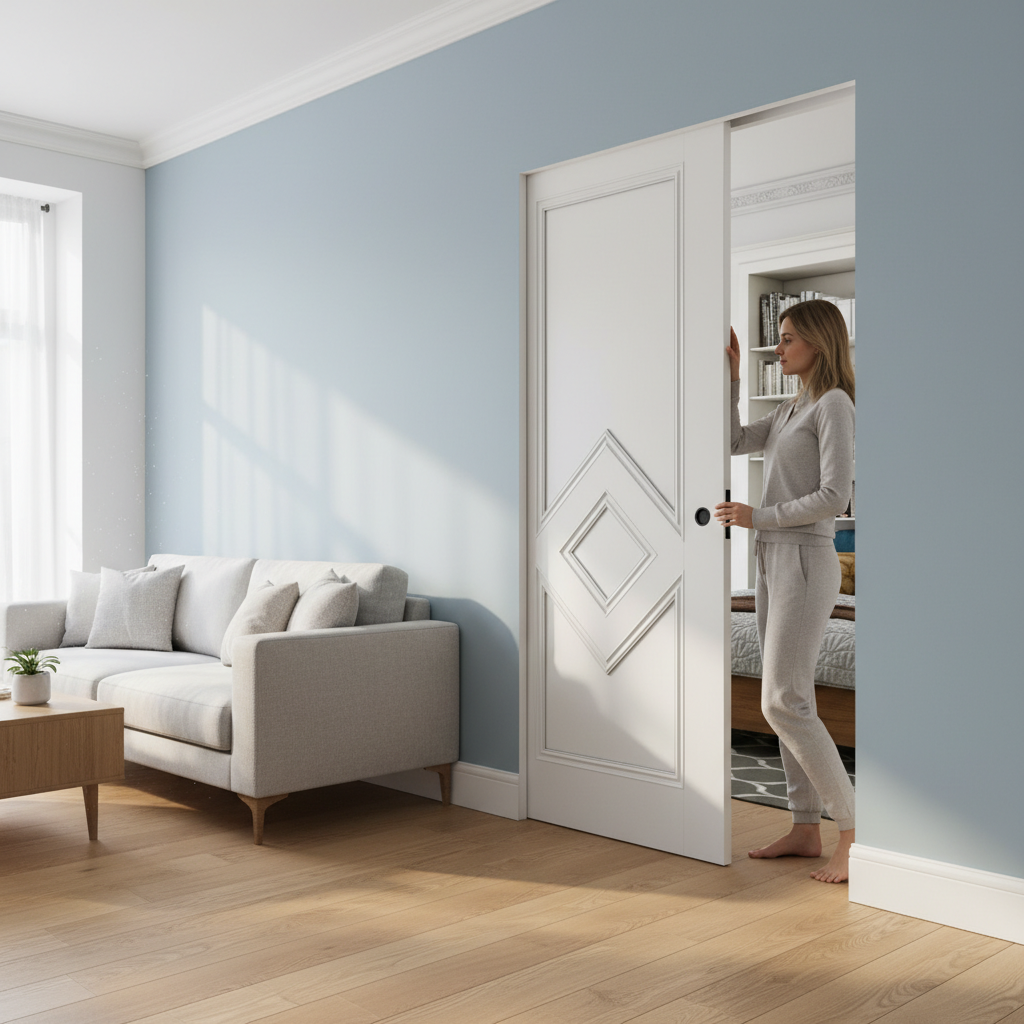 Premium White Flush Pocket Door Set with No Bottom Track and 15-Year Guarantee for Space-Saving Solutions