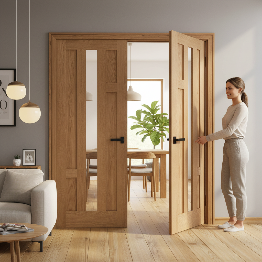 Premium Internal Oak Fully Finished 4 Panel Glazed Pair Door with Elegant Design and Professional Installation - Image 2