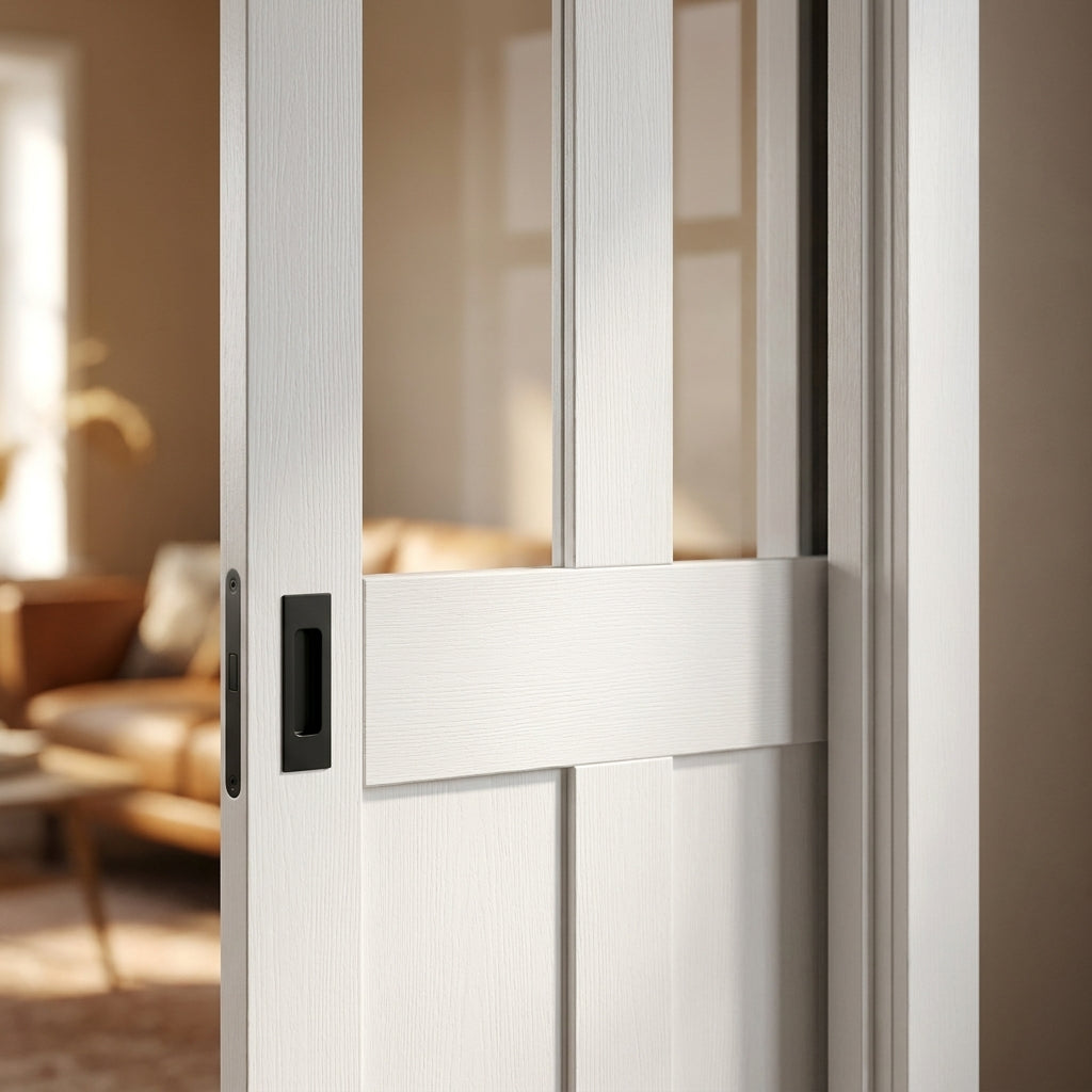 Internal White Primed Victorian 2 Panel 2 Light Clear Glass Pocket Door Set - detail view