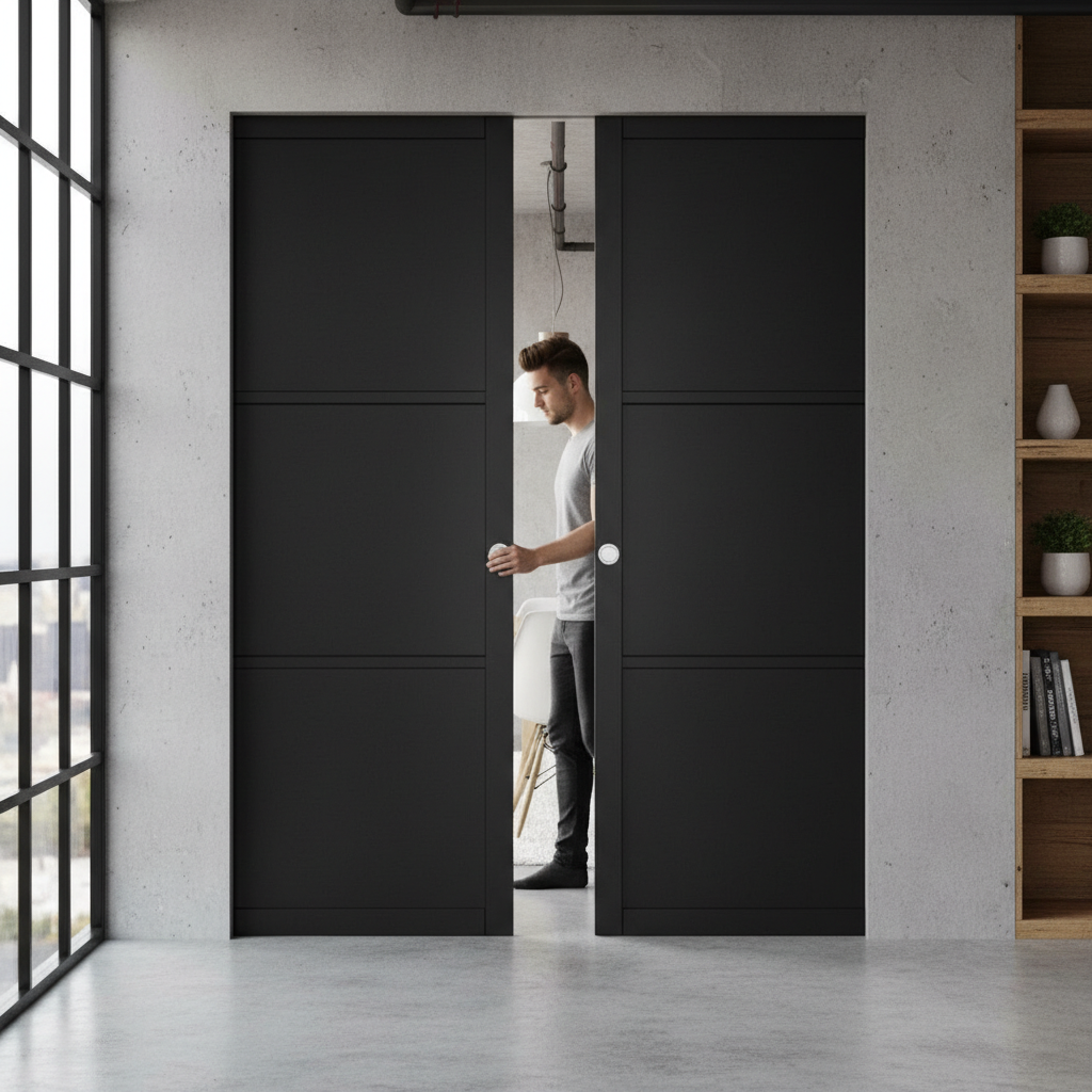 Premium 3 Panel Double Flush Pocket Door Set - Space-Saving Design with No Bottom Track and 15-Year Guarantee