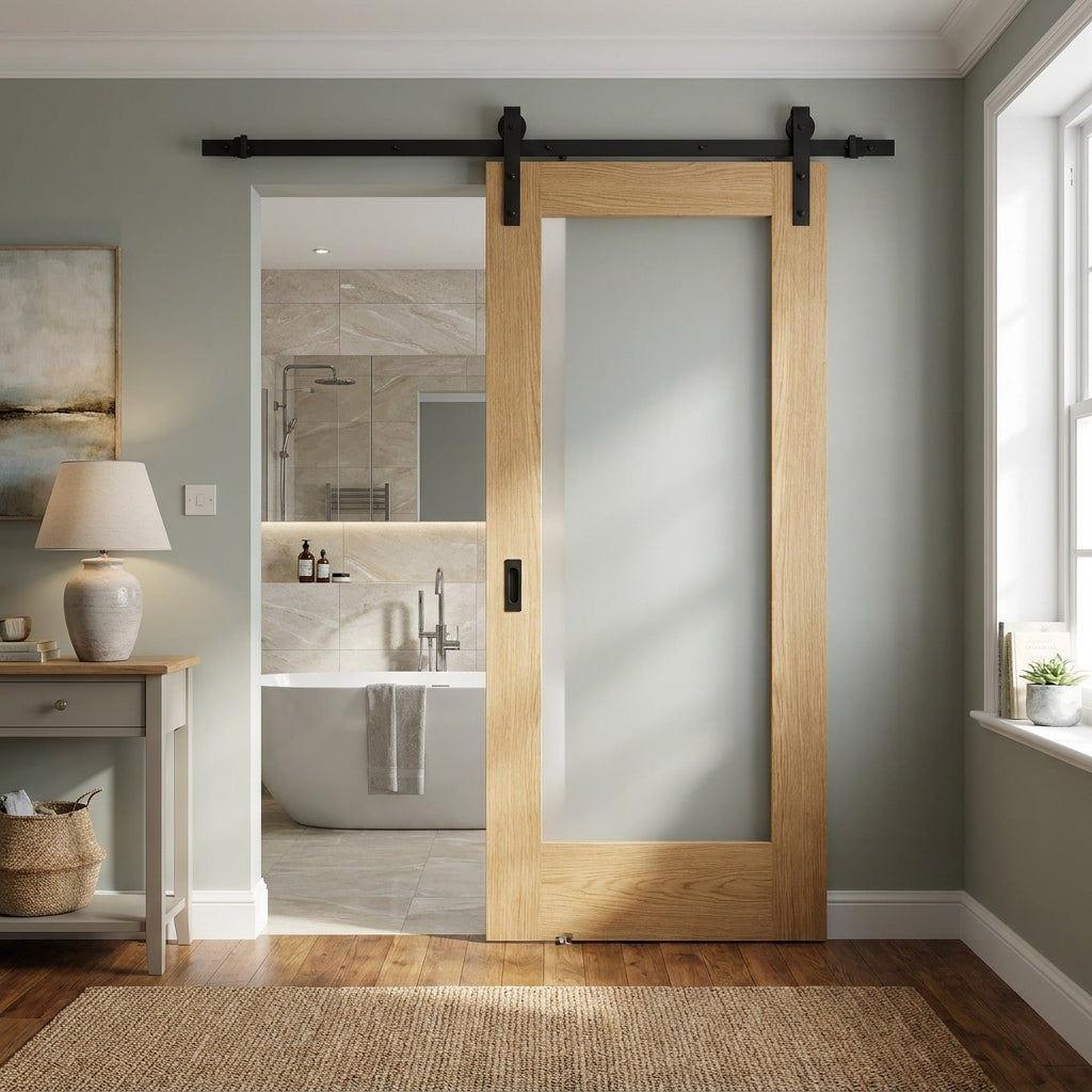Oak Internal Sliding Door Unfinished with 1 Light Obscure Glass