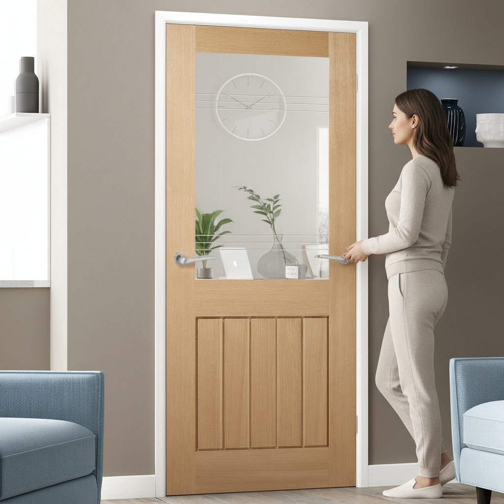 Premium Half Glazed Fire Door with Clear Glass and Etched Lines for 30 Minutes Fire Protection