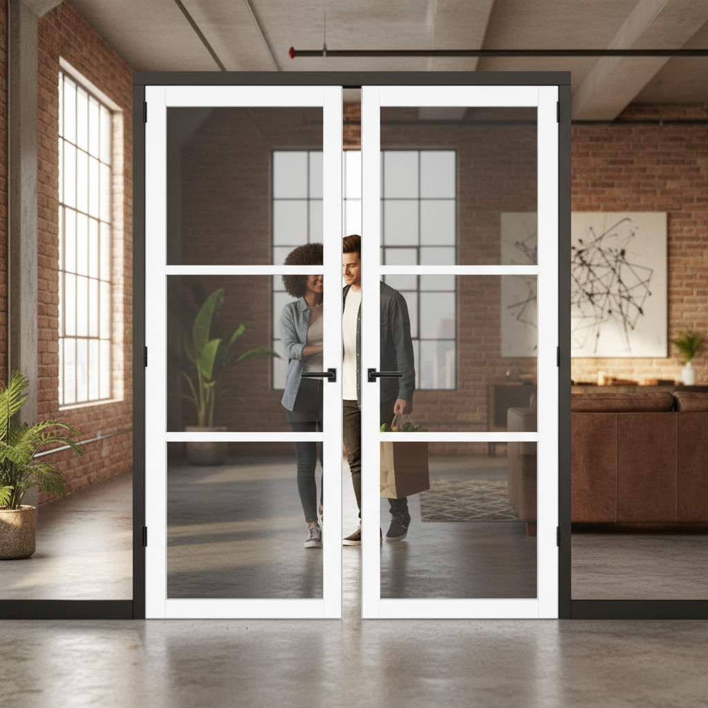 Premium Custom Made 3L White Tinted Glazed Industrial Style Door Pair with Solid Softwood Core and 10-Year Warranty
