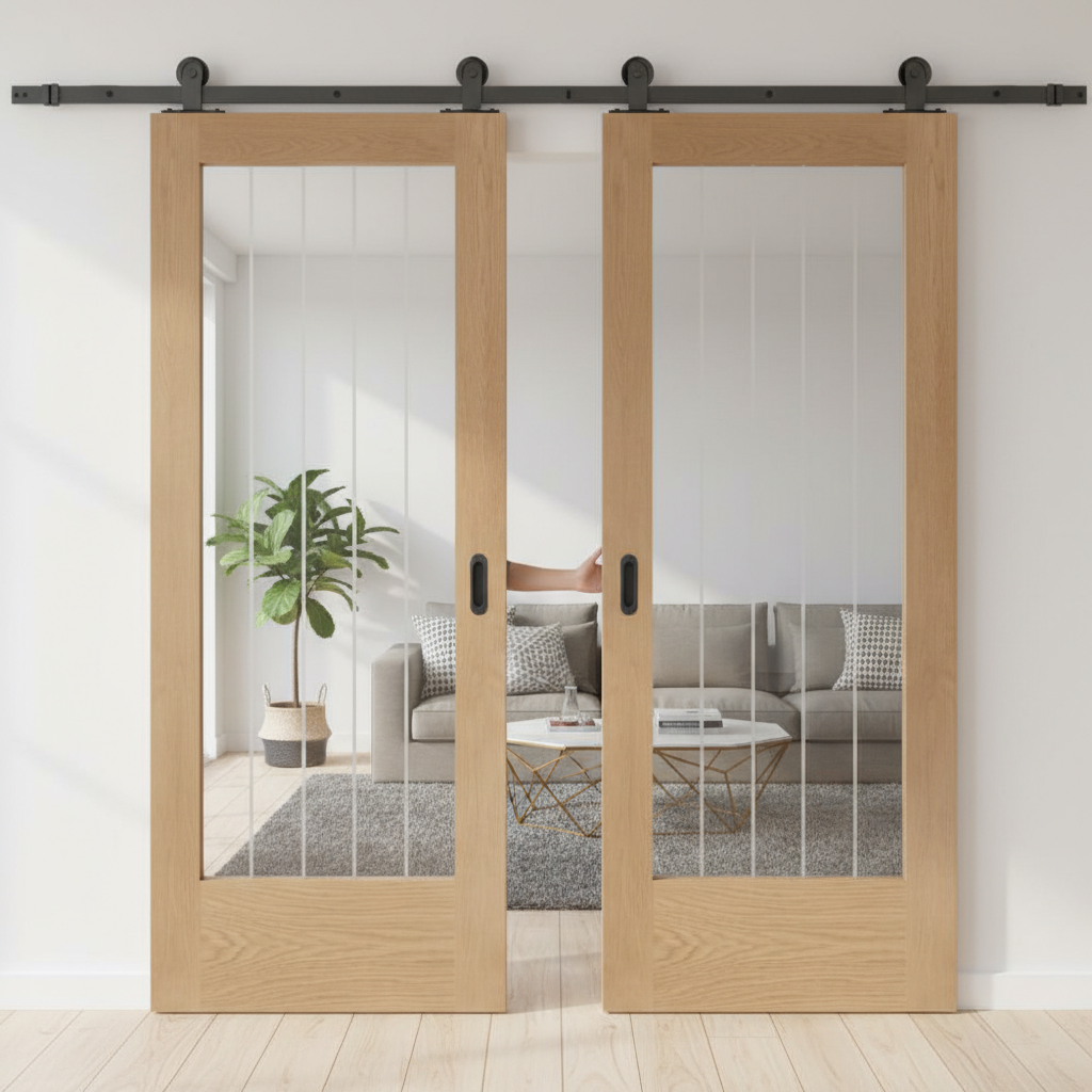 Premium 1 Light Oak Double Doors with Top Mount Track System for Smooth Operation and Stylish Finish
