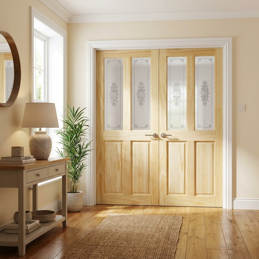 Internal French Door with 2 Panel 2 Light Campion Glass, Unfinished Pine