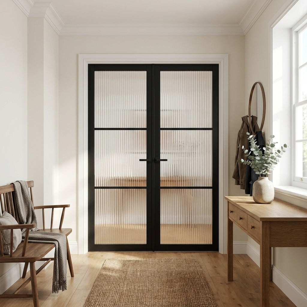 Internal Double Door with Jet Black Finish, 3 Light Reeded Toughened Glass
