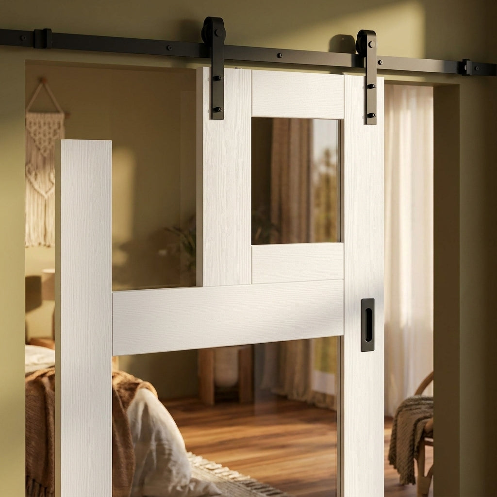 Internal White Primed Shaker Sliding Door with 4 Light Clear Glass - detail view