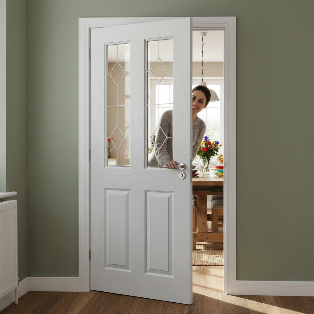 Premium Moulded Flush Internal Door with 2 Etched Glass Panels - Ready Primed for Easy Decoration