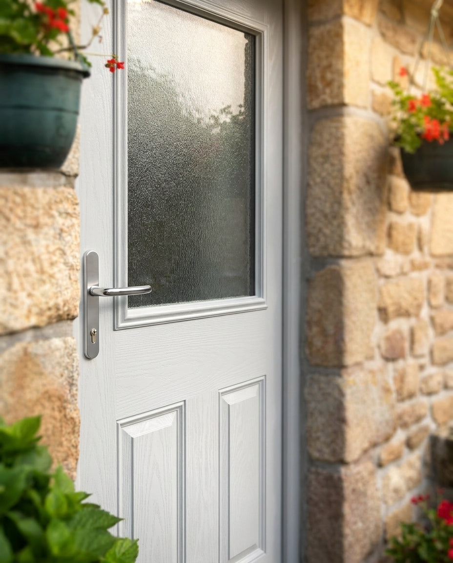 Eaton White Composite Front Door Set with Obscure Glass, Pre-Hung - detail view