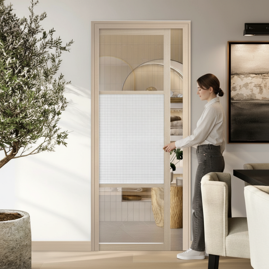 Premium Reeded Glazed Pocket Door System with Galvanised Steel Frame and Adjustable Door Jambs for Contemporary Interiors