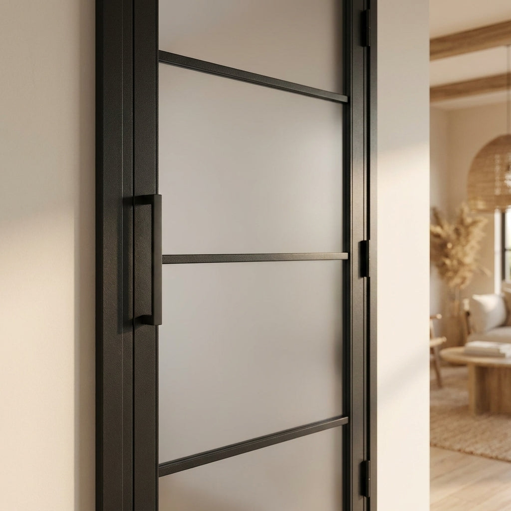 Internal Made-to-Measure Jet Black Door with 4 Light Obscure Glass, Fully Finished - detail view