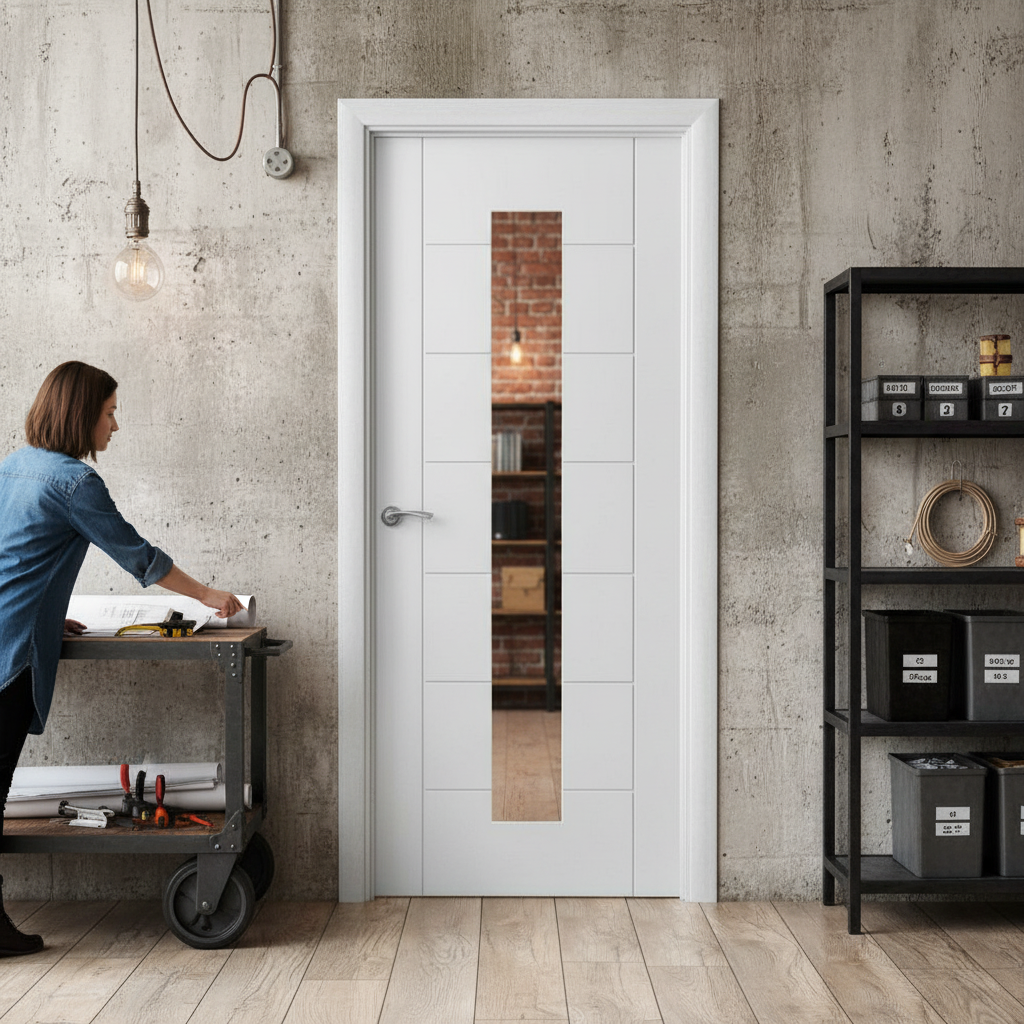 Premium Internal Primed Pedrena Clear Glass Door with 7 Panels and Semi-Solid Core Construction
