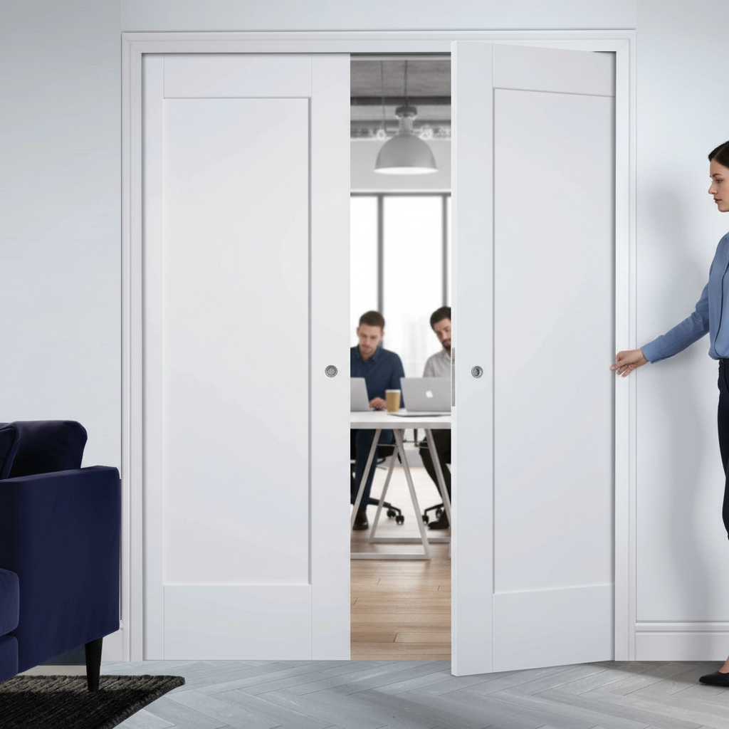 Premium White 1 Panel Double Pocket Door Set with Galvanised Steel Frame and Versatile Design for Seamless Functionality