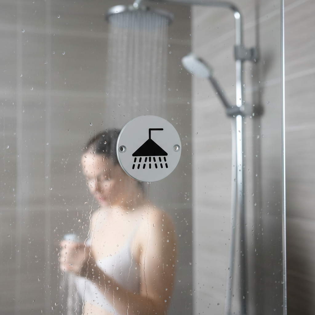 Premium Shower Door Symbol in Satin and Bright Stainless Steel Finishes with Screws - 10 Year Guarantee for Commercial Use